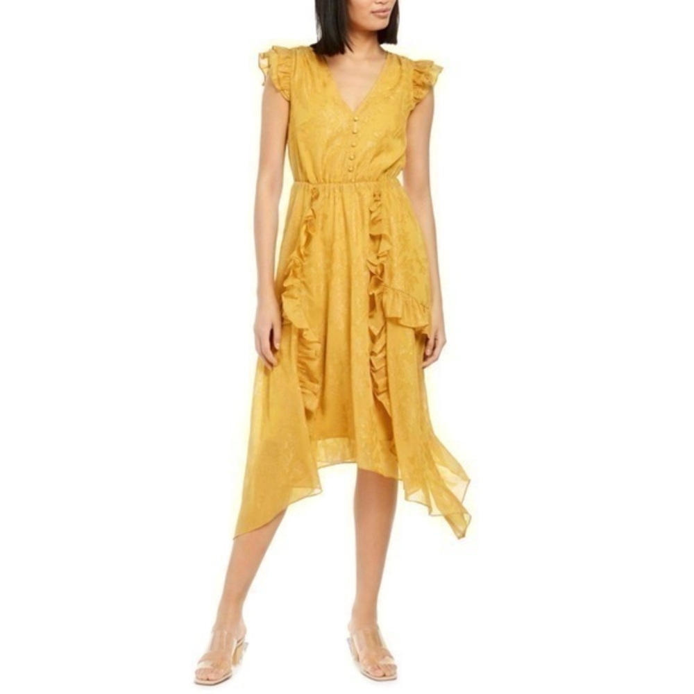 INC Womens Yellow Ruffled Floral Cap Sleeve V Neck Tea-Length Hi-Lo Dress L